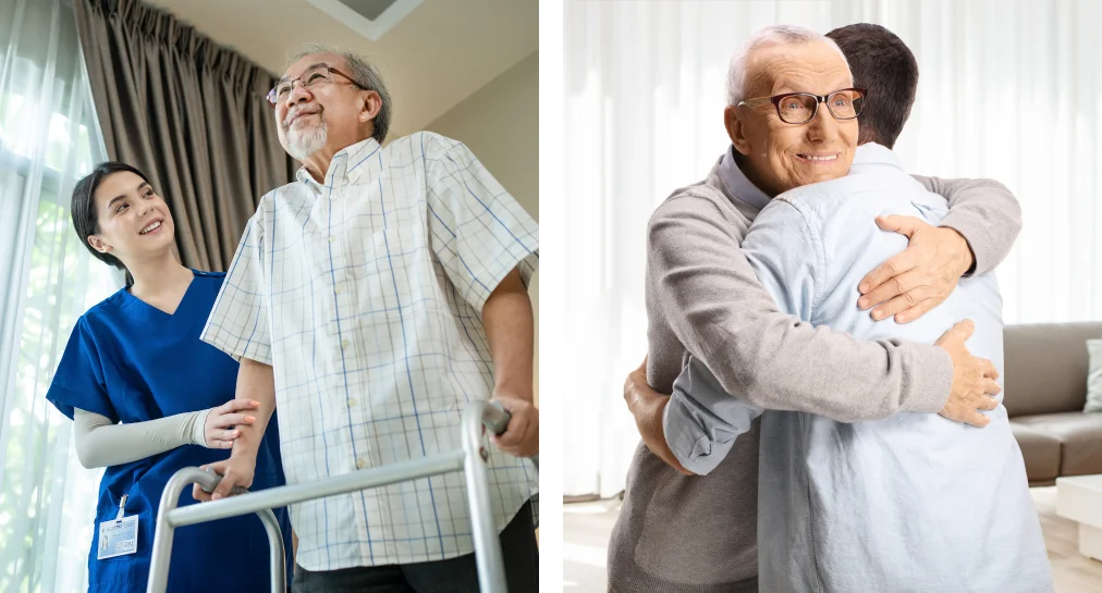 Two pictures of people hugging each other.