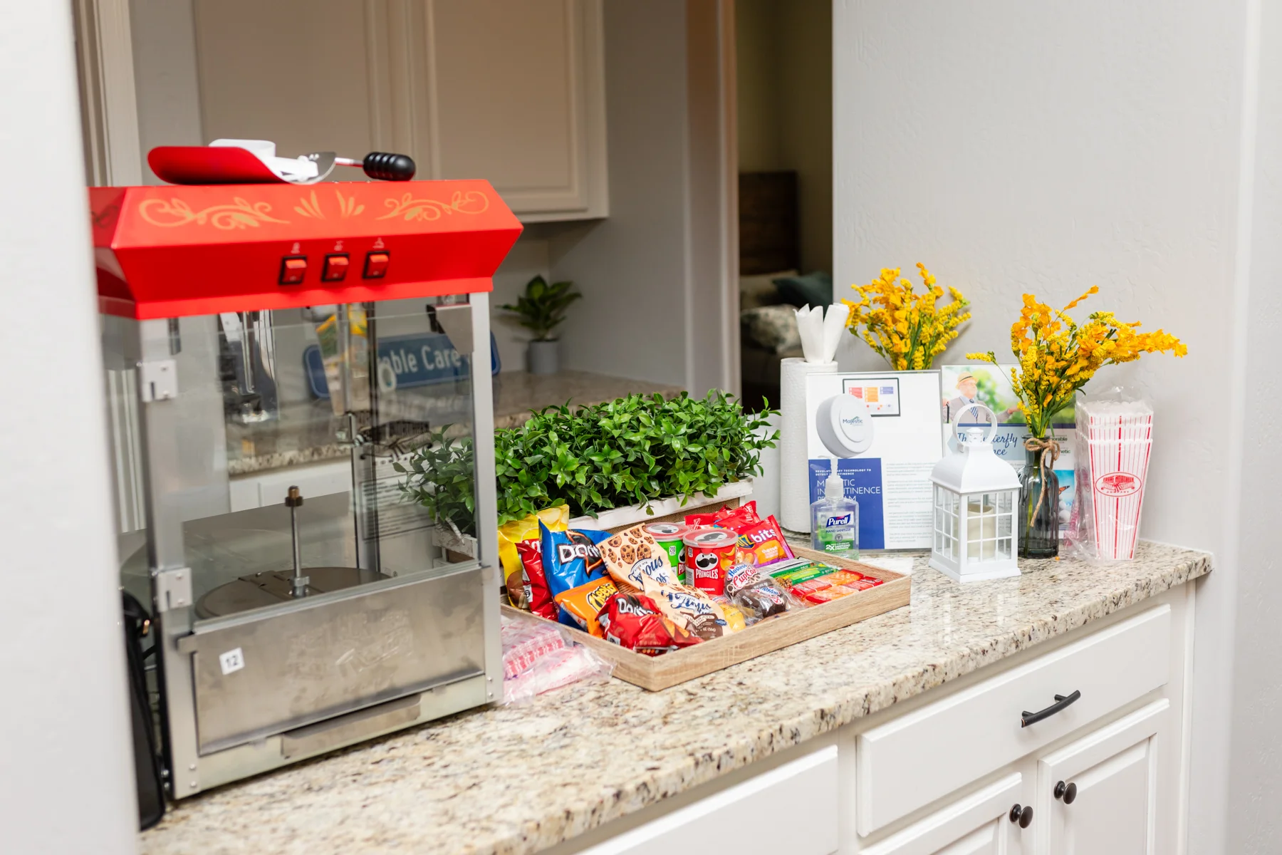 A counter with many snacks on it